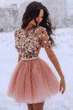Anneprom A Line Blush Pink Long Sleeve Homecoming Dresses 3D Flowers Beaded Short Prom Dresses APW0282