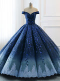 Anneprom Chic Ball Gonws Off-the-Shoulder Ombre Prom Dress Blue Shade Sequins Women Bride Gown Formal Dresses APW0283
