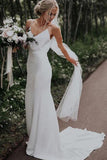 Anneprom Simple Spaghetti Straps Mermaid Beach Wedding Dresses V Neck Satin Boho Bridal Dresses APW0288
