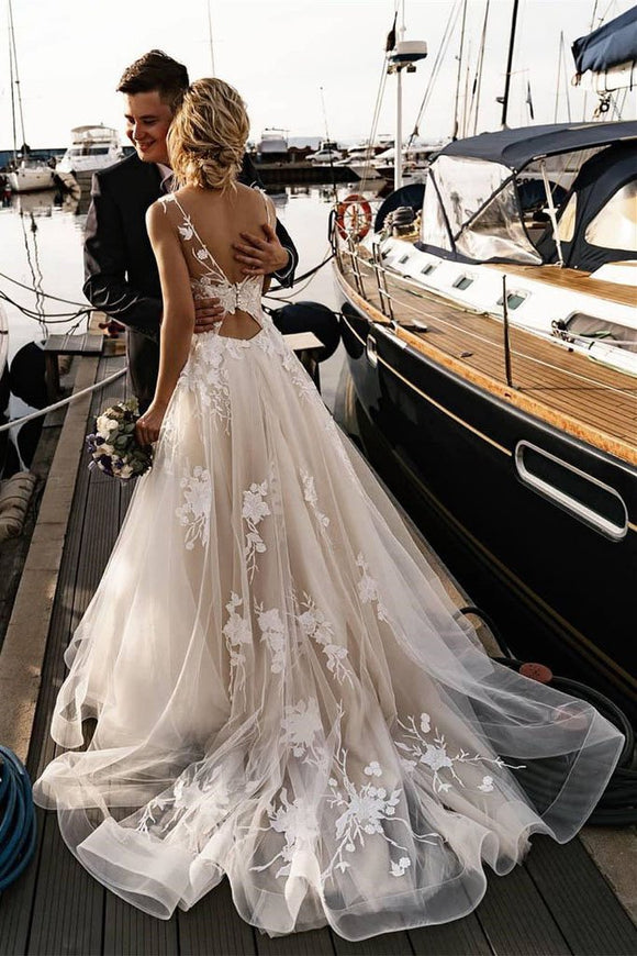 Anneprom A Line Floral Appliques Beach Wedding Dresses Backless Tulle Boho Wedding Gowns APW0289