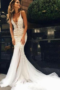 Anneprom Luxurious Mermaid Long V-neck Wedding Dress with Open Back APW0290