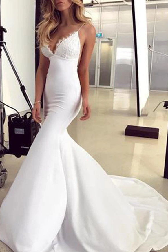 Anneprom Lace Appliques V-Neck Backless White Sweetheart Spaghetti Straps Mermaid Wedding Dress APW0291