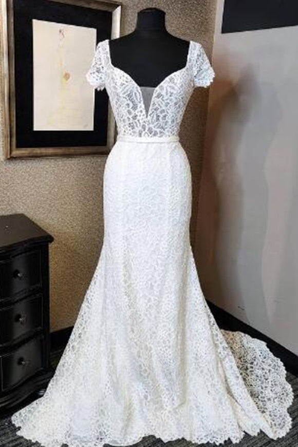 Anneprom Eroidered Lace Cap Sleeves Gown with Satin Belt Wedding Dress with Open Back APW0292