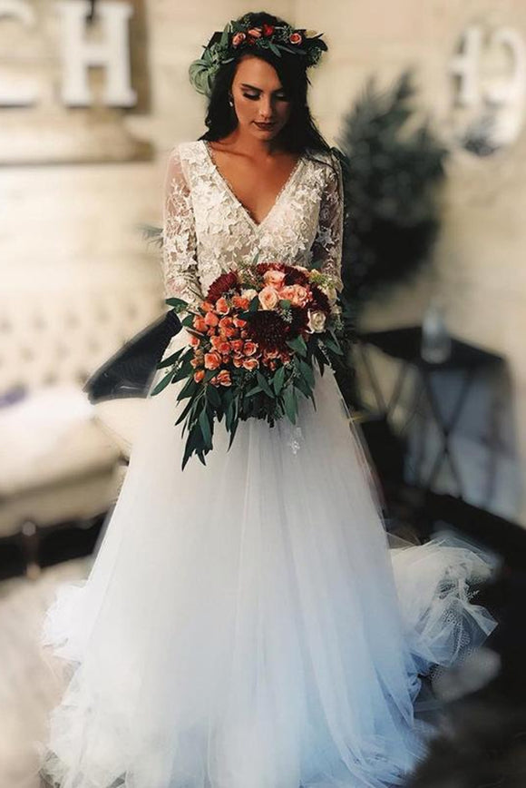 Anneprom Long Sleeve Lace Tulle Boho Wedding Dresses Rustic Bridal Dress APW0297
