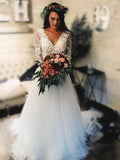 Anneprom Long Sleeve Lace Tulle Boho Wedding Dresses Rustic Bridal Dress APW0297