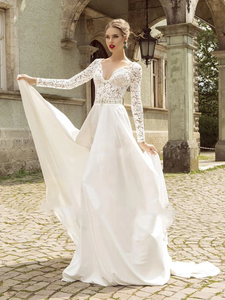 Anneprom A-line Ivory Beach Wedding Dress Sweep/Brush Train V neck Lace Long Sleeve Wedding Dress APW0298