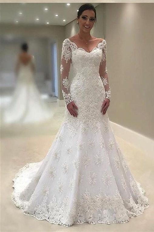Anneprom Elegant Lace V Neck Neckline Mermaid Long Sleeve Wedding Dresses with Appliques APW0301