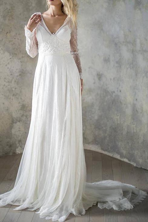 Anneprom Elegant A Line V Neck Long Sleeve Ivory Lace Backless Beach Boho Wedding Dresses APW0302