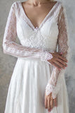 Anneprom Elegant A Line V Neck Long Sleeve Ivory Lace Backless Beach Boho Wedding Dresses APW0302