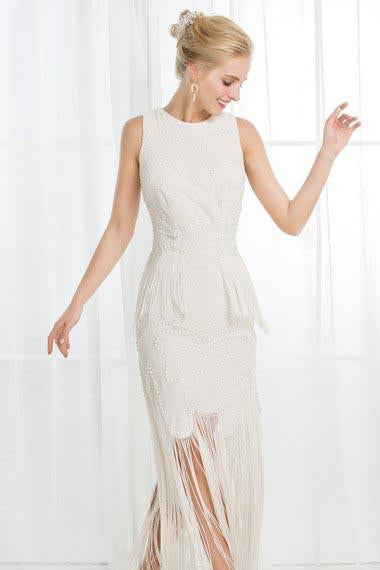 Anneprom A-Line Jewel Ivory Scoop Satin Beading Tassel Sleeveless Appliques Wedding Dresses APW0304