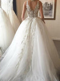 Anneprom Elegant Ball Gown Round Neck Ivory Open Back Wedding Dress with Appliques,Bridal Dresses APW0305