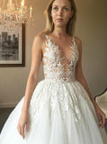 Anneprom Elegant Ball Gown Round Neck Ivory Open Back Wedding Dress with Appliques,Bridal Dresses APW0305