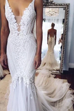 Anneprom Appliques V-Neck Elegant Mermaid Open-Back Wedding Dresses APW0306
