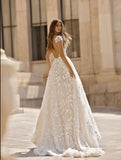 Anneprom Stylish V Neck Tulle Lace Cap Sleeves Applique Long Wedding Dresses APW0310