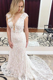 Anneprom Mermaid Deep V-Neck Cap Sleeves Lace Elegant Wedding Dress APW0311