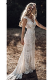 Anneprom Vintage Lace V Neck Rustic Wedding Dresses Cap Sleeve Ivory Sheath Beach Wedding Gown APW0312