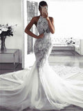 Anneprom Sexy Sleeveless Wedding Dresses with Lace Mermaid Bridal Dresses with Chapel Train APW0315