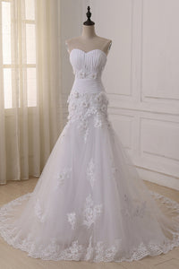 Anneprom Strapless Sweetheart Ruched Floral Appliqués Tulle Mermaid Wedding Dress Featuring Lace-Up Back APW0318