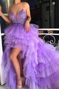 Anneprom Tiered High-low Skirt Lilac Tulle  Lace Prom Dress APW0320