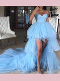 Anneprom A-line Light Sky Blue Long Prom Dresses Asymmetrical Sweetheart Princess Evening Dress APW0323