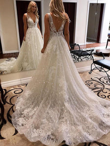 Anneprom A Line V neck Sparkly Wedding Dresses Cathedral Train Lace Wedding Gowns APW0325