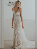 Anneprom Chic Sheath/Column V neck Floral Lace Rustic Wedding Dress  APW0329
