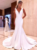 Anneprom Mermaid V Neck Soft Satin Long Wedding Dresses with buttons APW0334