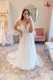 Anneprom Sparkly Glitter A Line V Neck Straps Sequin White Wedding Dresses APW0335