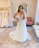 Anneprom Sparkly Glitter A Line V Neck Straps Sequin White Wedding Dresses APW0335