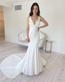 Anneprom Elegant Mermaid Elastic Satin White Long Wedding Dresses with Train APW0337