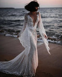 Anneprom Bohemian Mermaid Lace Long Sleeves Beach Wedding Dresses, Bridal Dresses APW0338