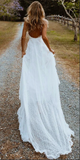 Anneprom Boho Chiffon A line V neck Lace Spaghetti Straps Beach Wedding Dresses APW0345
