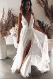 Anneprom Boho Chiffon A line V neck Lace Spaghetti Straps Beach Wedding Dresses APW0345