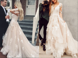 Anneprom Gorgeous Lace A line V neck Long Sleeves Wedding Dresses with Train APW0350