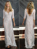 Anneprom Rustic Lace V neck Beach Wedding Dress With Half Sleeve Bridal Gowns APW0356