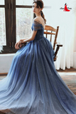 Anneprom Stunning Blue Long Prom Dress Tulle Beaded Evening Dress With Sleeve APW0357