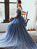 Anneprom Stunning Blue Long Prom Dress Tulle Beaded Evening Dress With Sleeve APW0357