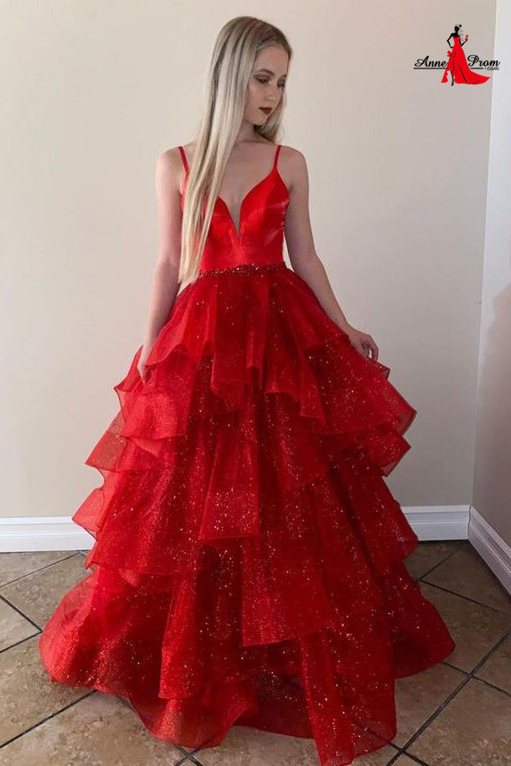 Anneprom Ball Gown Sequins Floor-Length Prom Dress Red Beautiful Prom Gown APW0358