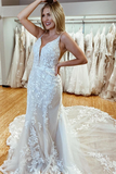 Anneprom Amazing Spaghetti Straps Appliques Lace Wedding Dresses Mermaid Chapel Train Bridal Gowns APW0362