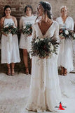Anneprom A-line V neck Long Sleeve Wedding Dress Rustic Boho Wedding Dress APW0363