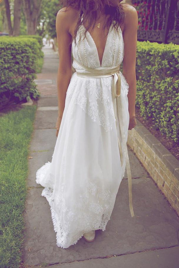 Anneprom Sexy Boho V-Neck Backless Floor Length Lace Wedding Dress with Sash APW0369