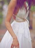 Anneprom Sexy Boho V-Neck Backless Floor Length Lace Wedding Dress with Sash APW0369