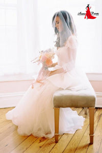 Anneprom A-line White Beach Wedding Dress Straps Short Sleeve Floor Length Cheap Beading Wedding Dress APW0372