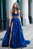 Anneprom A-line Sleeveless Spaghetti Straps Tulle Prom Dress Royal Blue Evening Dress APP0415