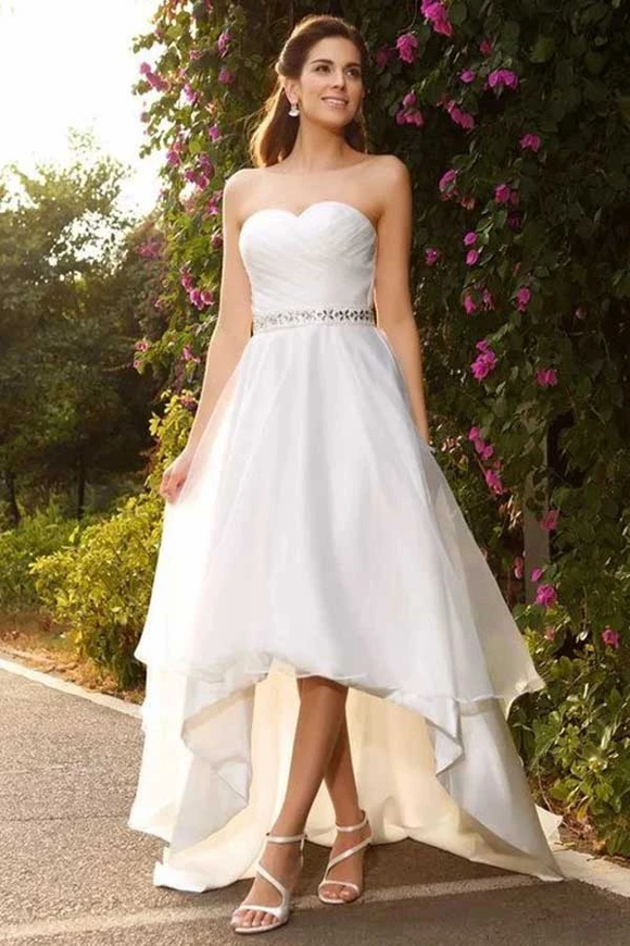 Anneprom A-Line Sweetheart High Low Satin Wedding Dress With Beading APW0138