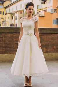 Anneprom Chic Tea Length Wedding Dresses A-Line Scoop Lace Romantic Bridal Gown APW0142