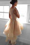 Anneprom High Low Peach Lace Short Homecoming Dress Party Dresses APP0279