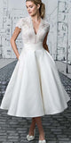 Anneprom Short Wedding Dresses V-Neck Lace Tea-Length Ivory Simple Bridal Gown APW0141