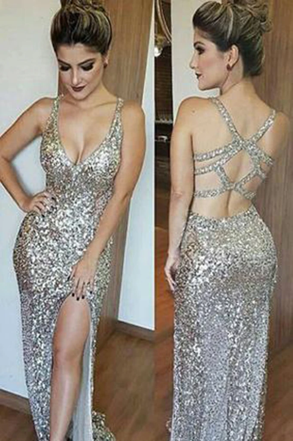 Anneprom Mermaid Long with Side Slit Sexy Backless Sequin V-Neck Sleeveless Prom Dresses App0399