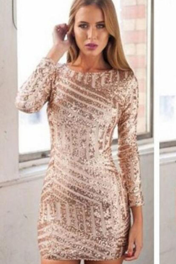Anneprom Rose Gold Sequins Homecoming Dresses,Long Sleeves Open Back Homecoming Dresses,Sexy Mini Prom Dresses,Short Club Dresses APH0050